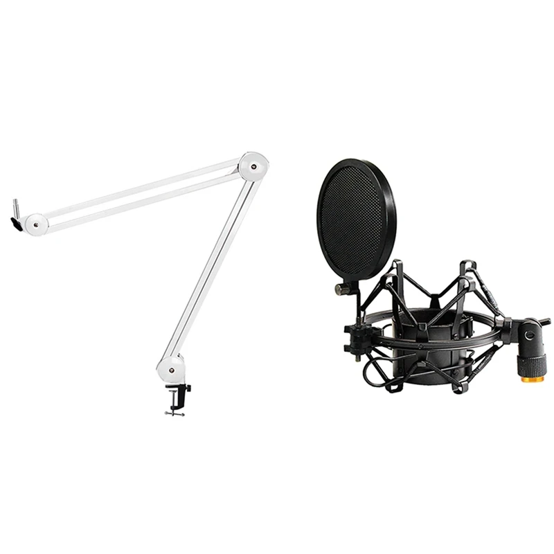 

1 Pcs Microphone Stand Adjustable Suspension Boom Arm With Spring & 1 Pcs Microphone Shock Mount With Double Mesh Filter