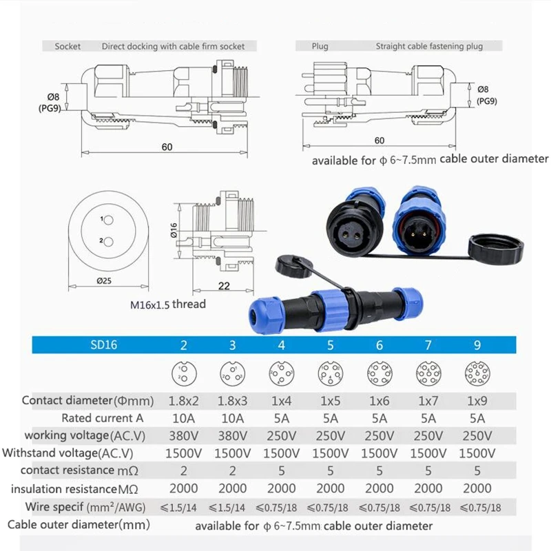 Фото Водонепроницаемый авиационный штекер, IP68 SP16 3pin/4pin/5pin/6Pin/7pin/9pin №5