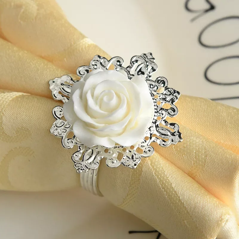 

White Bloom Flower Rose Napkin Rings Buckles for Wedding Table Decoration Napkin Holder Wedding Towel Rings Dinner Party Hotel