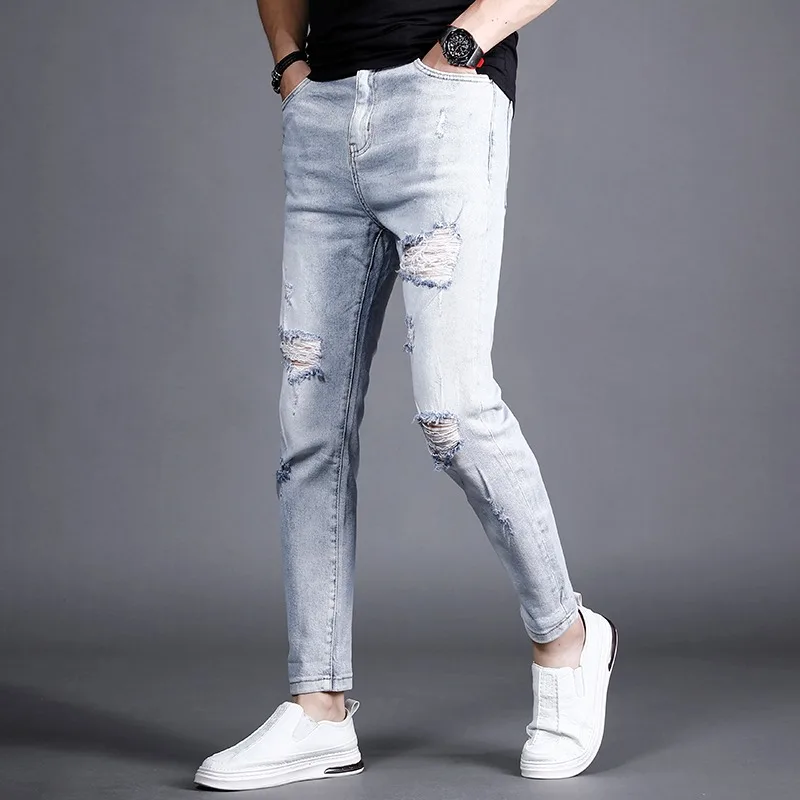 Summer Ripped Jeans Men Light Blue Ankle-Length Pants Streetwear Fashion Lightweight Slim Fit Denim Trousers