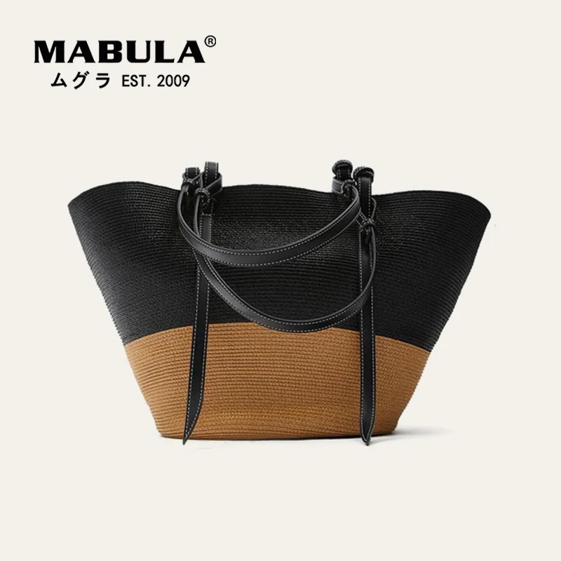 

MABULA Luxury Design Summer Beach Straw Bags Large Capacity Casual Tote Handbag Eco Friendly Handwoven Bucket Shoulder Bag