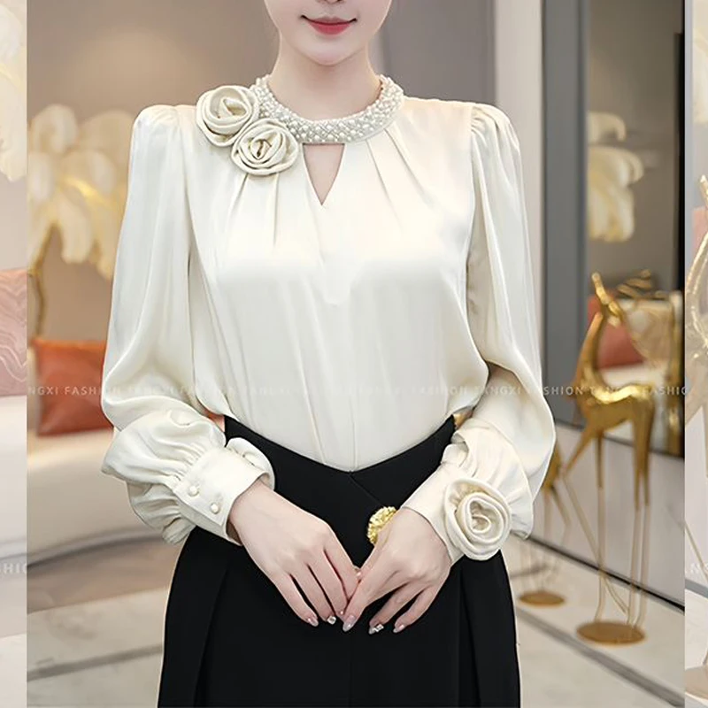 Фото Женская винтажная блузка с рюшами и 3D цветком, офисная женская элегантная шикарная роскошная рубашка для поездок на работу, осенние однотонные тонкие топы с длинными рукавами №1