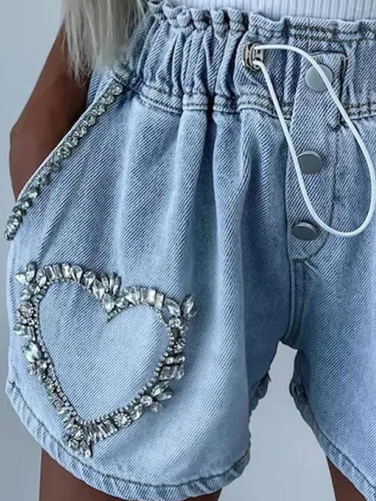 Y2K Summer Women Vintage Streetwear Korean Denim Shorts High Waist Wide Leg A-Line Baggy Rhinestone Short Pants Harajuku Clothes