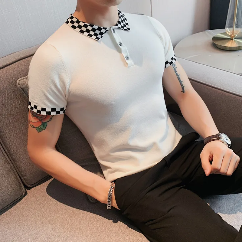 

Summer Fashion Splicing Knitted Polo Shirt Men Short Sleeve Slim Business Social Polos Casual Slim Lapel Tee Tops Men Clothing