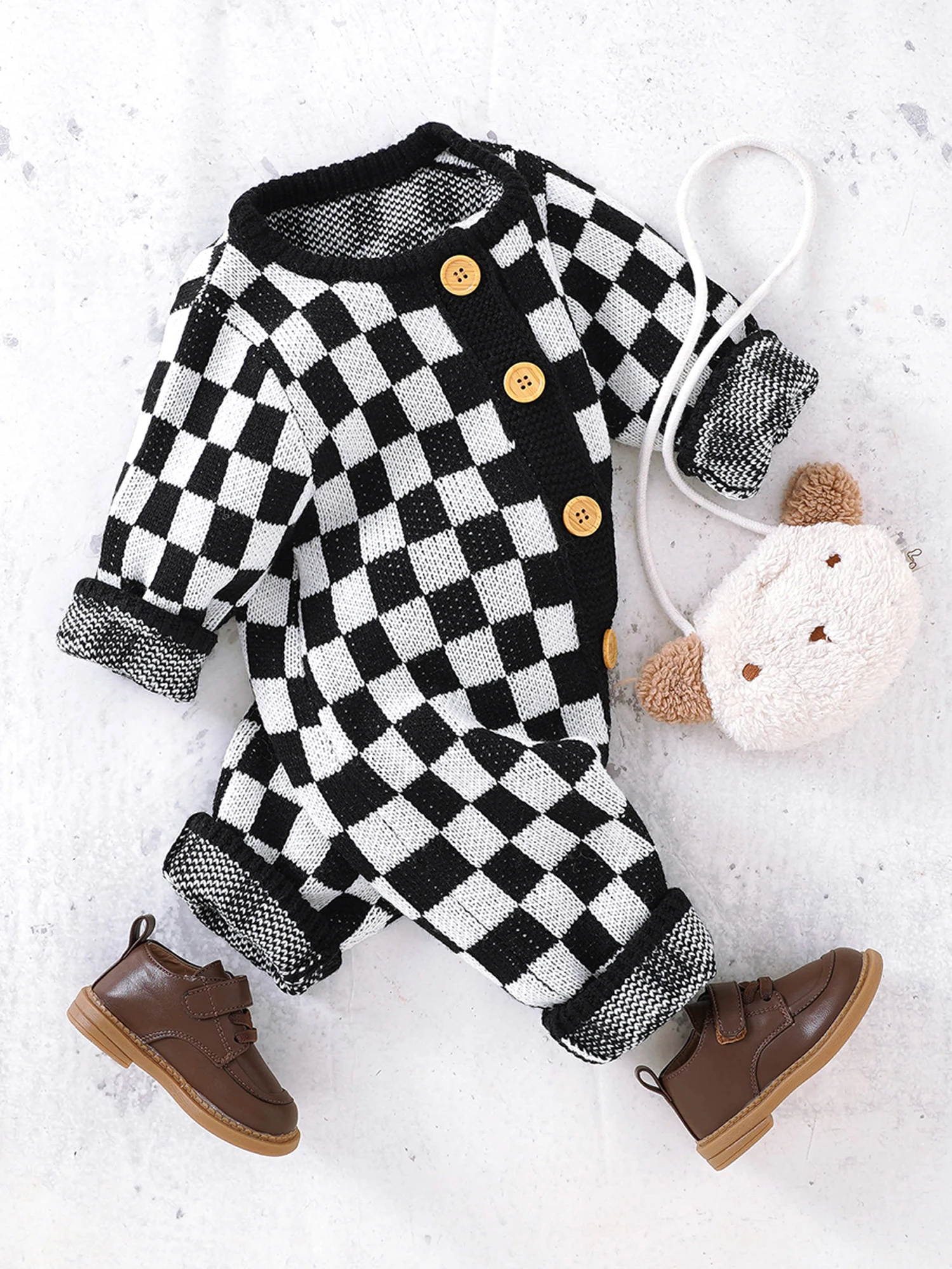 

Baby Girl Boy Knitted Sweater Romper Long Sleeve Button Down Checkerboard Jumpsuit Crewneck Fall Outfit