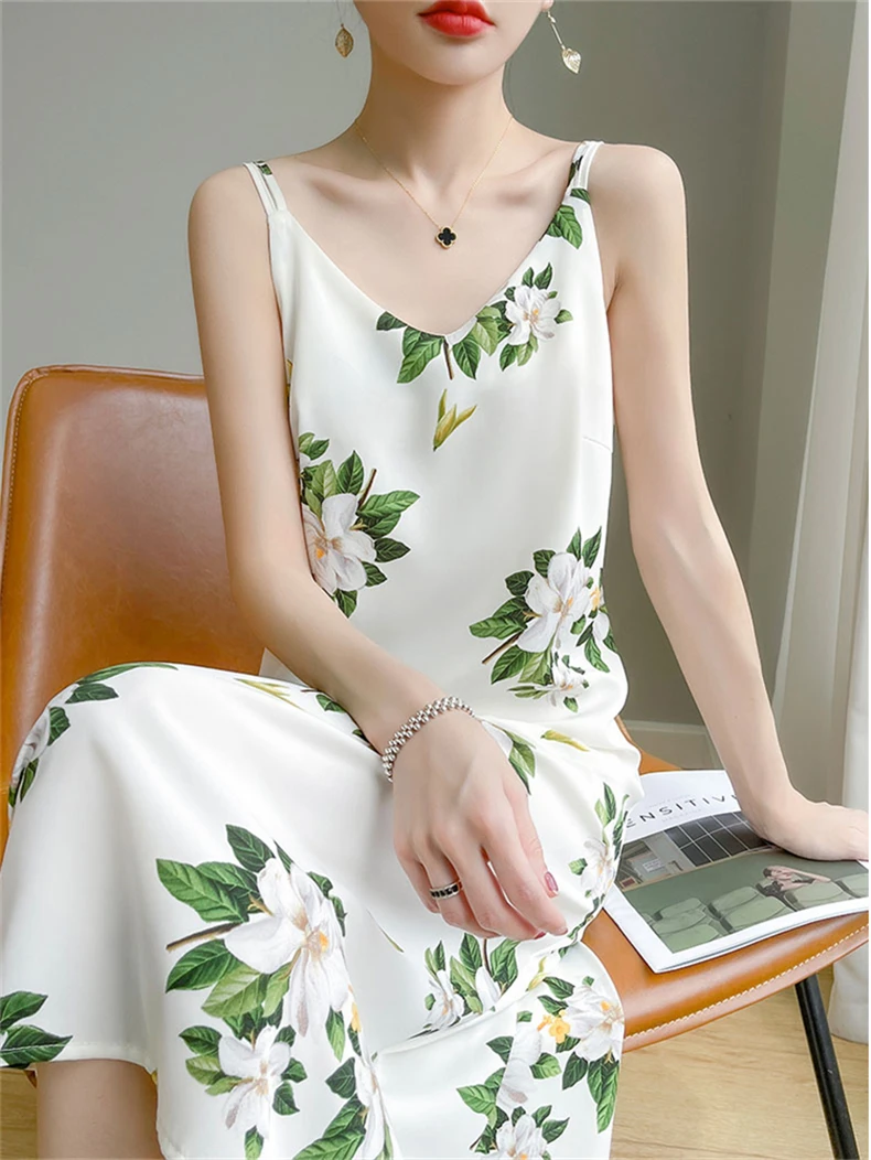 Платье на бретельках женская летняя одежда длинная юбка с принтом шелковая