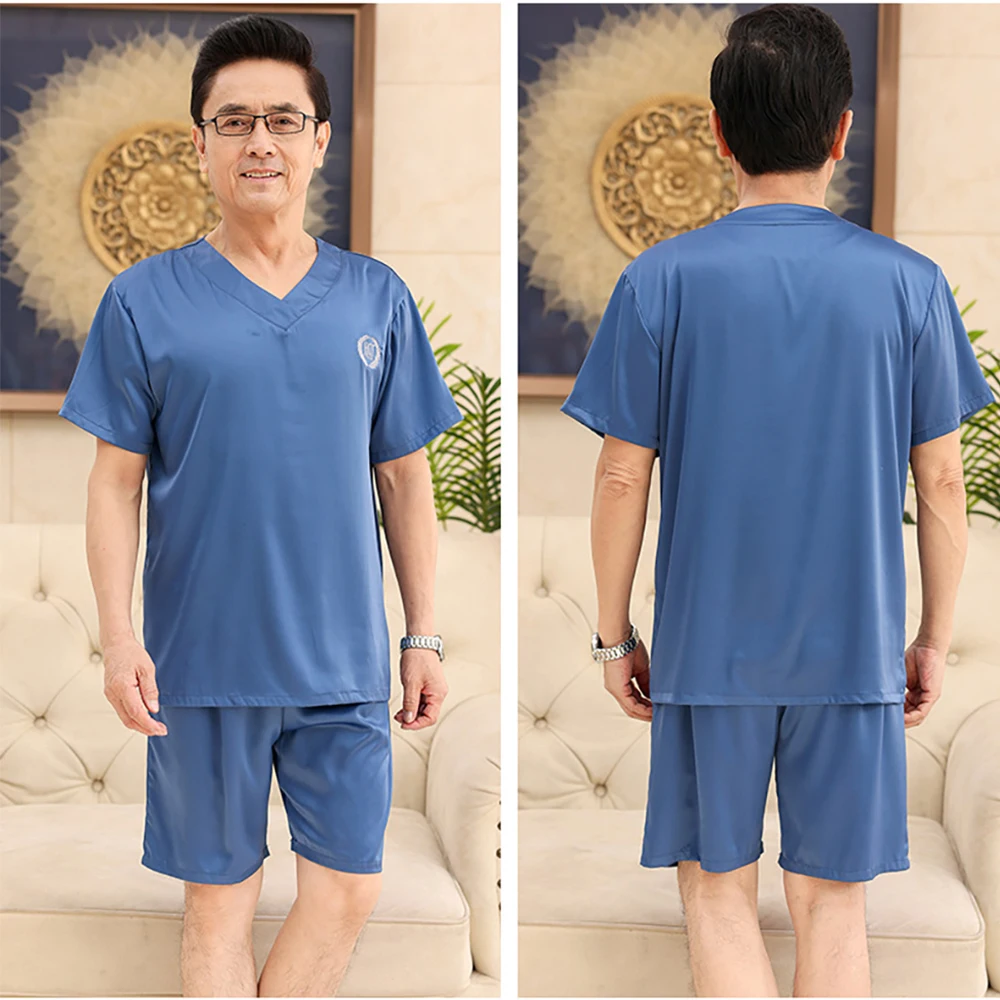 4XL Trendyol Embroidery Silk Like Pajamas For Men Summer Breathable Short Sleeve Pajama Sets Soft Man pijama hombre pyjama homme