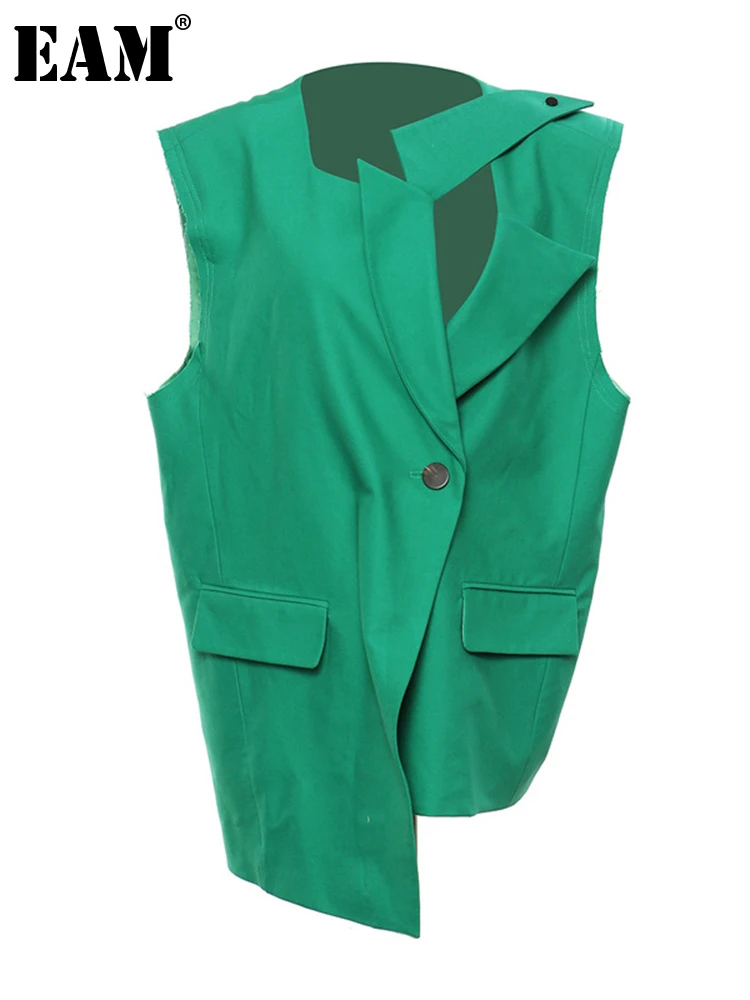 

[EAM] Women Loose Fit Green Irregular Big Size Hollow Out Vest New Lapel Leeveless Fashion Tide Spring Autumn 2023 1DE1536