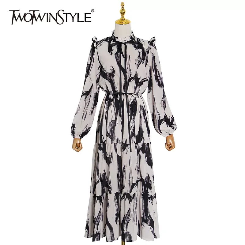 

TWOTWINSTYLE Elegant Hit Color Dress For Women O Neck Lantern Sleeve High Waist Vintage Dresses Female Fashion New Clothing 2020