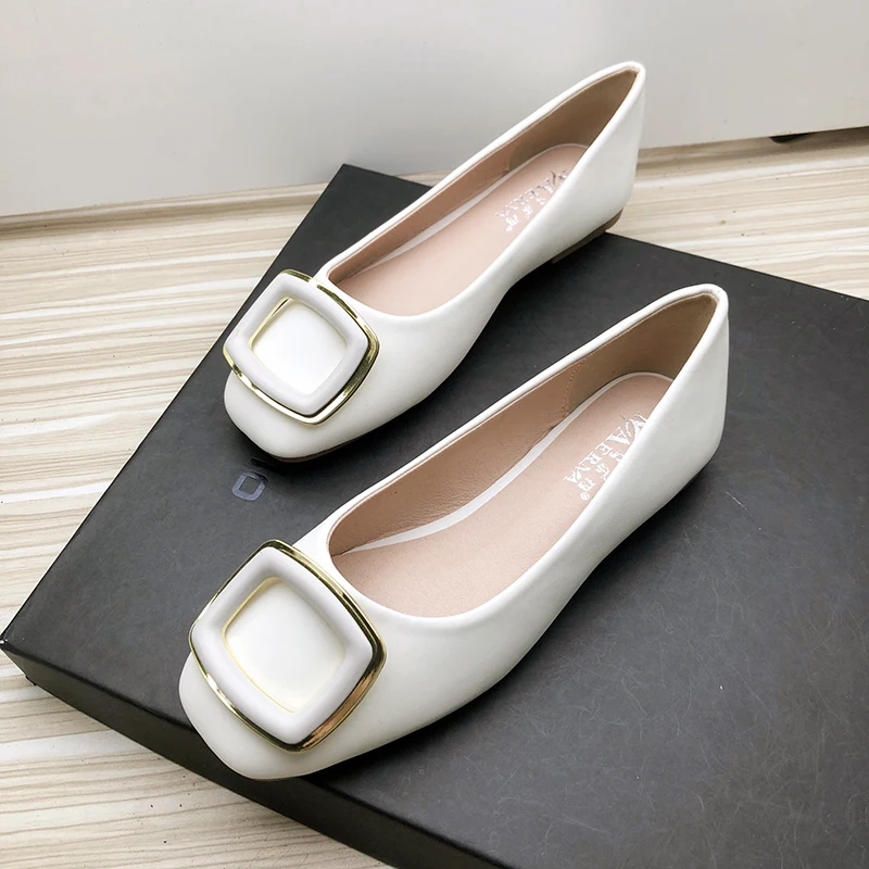 

Women Flats White Leather Square Head Slip on Daily Wear Lady Casual Shoes Slip on Size 33-43 Summer Shoes for Girls Basic