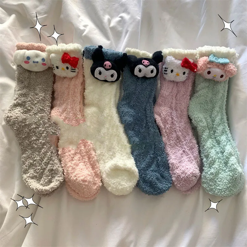 

Kawaii Sanrio Children Socks Cinnamoroll Hello Kittys Kuromi Cute Anime Coral Velvet Sweat Uptake Warm Home Socks Gift for Kids