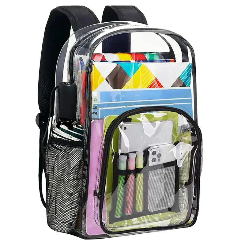 

Heavy Duty Clear PVC Backpack School Bag, Reinforced Straps for Adults & Kids, Stadium Approved Transparent Bookbag for School,