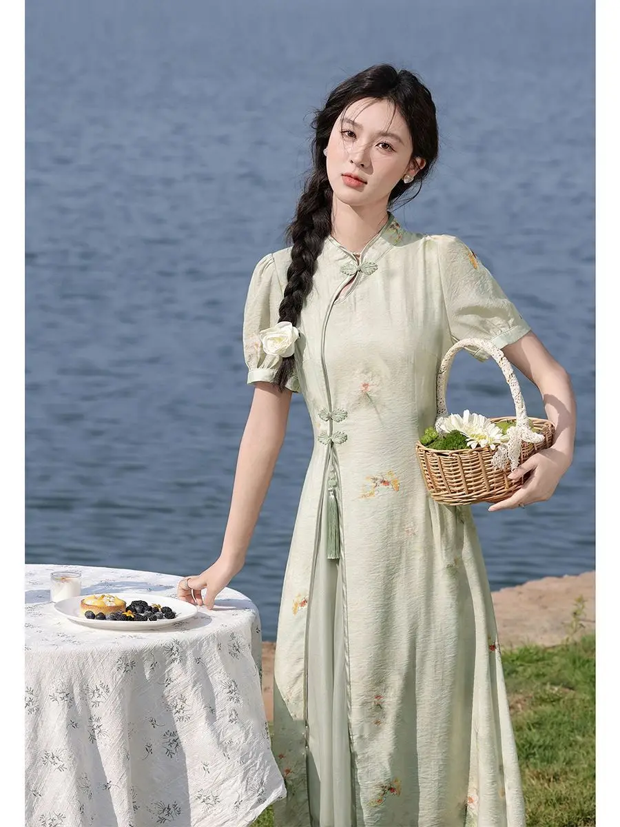 Женское платье с коротким рукавом длинное Ципао в китайском стиле поясом лето 2024