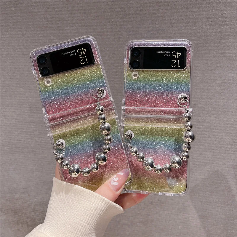 

Creative Glitter Rainbow Bead Chain Case for Samsung Galaxy Z Flip 3 Z Flip 4 Hard PC Back Cover for ZFlip3 ZFlip4 Case Shell