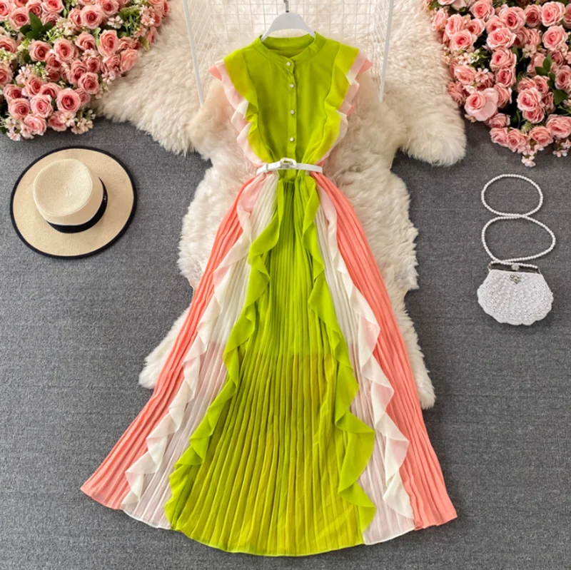 

Chiffon pleated Dress Women 2022 Summer Stand-Collar Stitching Color Ruffles Long Dress Beach Vacation Dress For Women