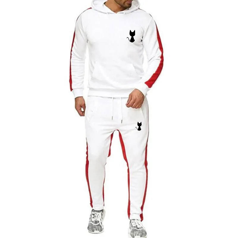 Striped Men's Sweatshirt Set Hoodies And Sports Pants Two Pieces Cute Kitten Print Spring Autumn Casual Style