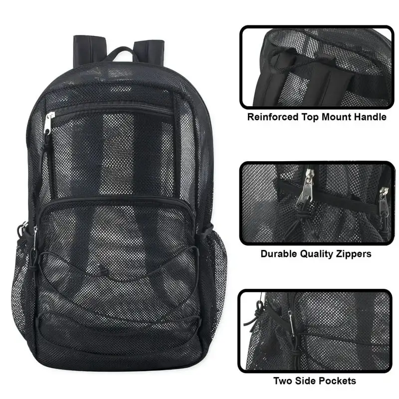 

Inviting Unisex Deluxe Black Mesh Backpack with Padded Straps & Ajustable Bungee Cord – Perfect for Swimming, School & Travel.