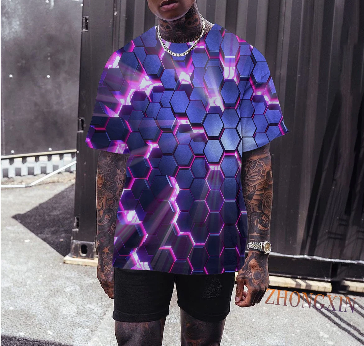 

202 new 3D realistic diamond printing breathable fashion summer thin men's round neck bottoming shirt short-sleeved jacket