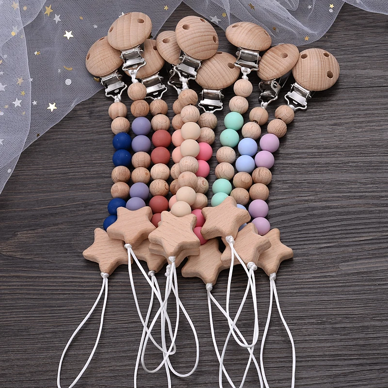 

2Pcs Beech Pacifier Clips Chain Pentagram Dummy Chain Holder Soother Chains Nipple Holder For Baby Chew Teething Toy BPA Free
