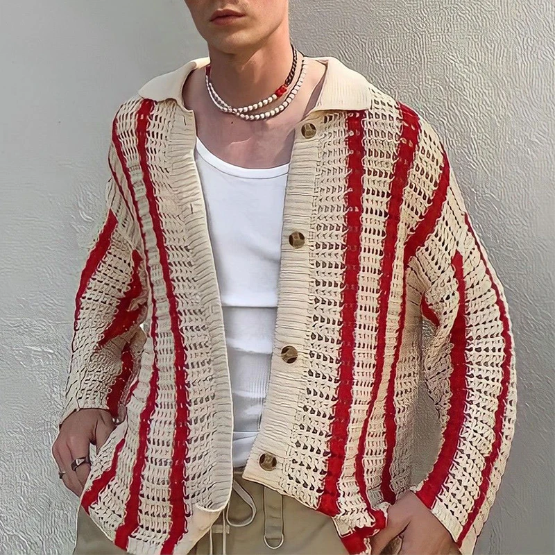 

Мужская винтажная трикотажная рубашка, жаккардовый полосатый кардиган с воротником на пуговицах, весна-осень 2022