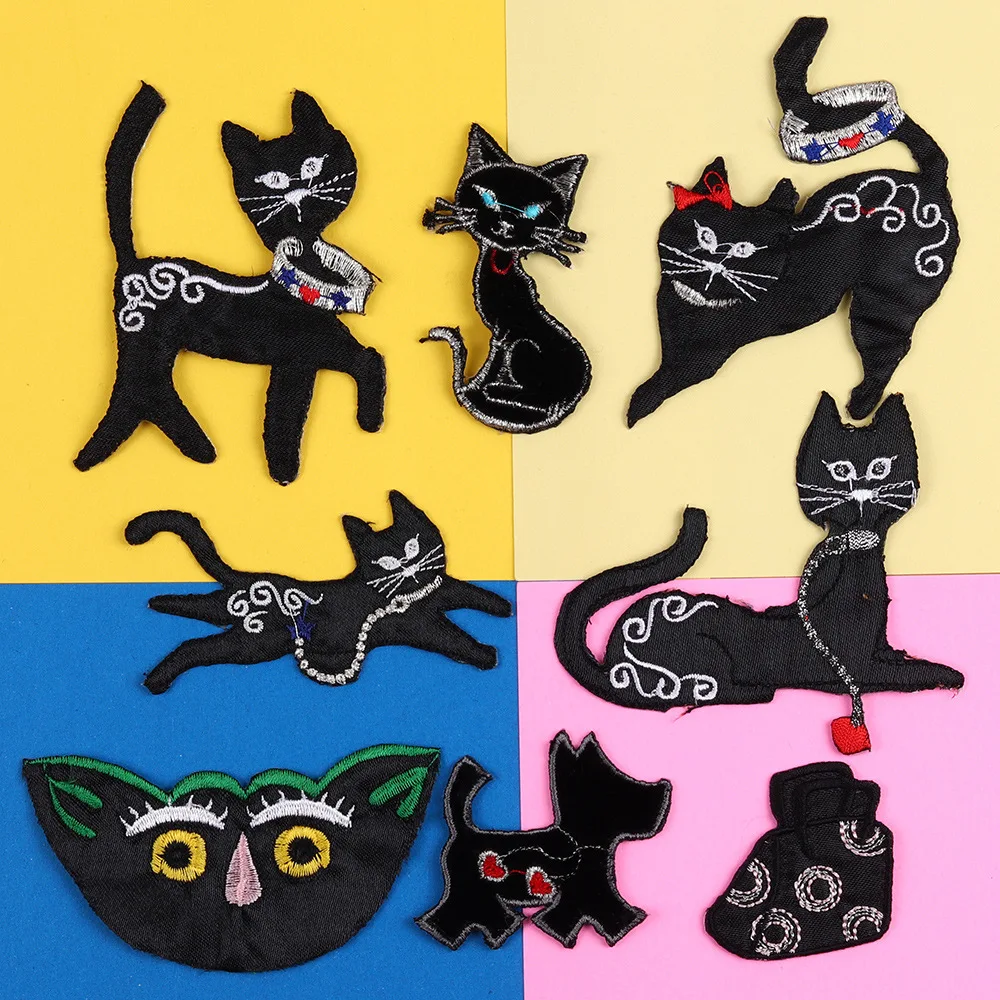 

Mix 8Pcs/pack Black cat Cloth Paste Handmade DIY Cotton Weaving labers Embroidery Patch Clothing Decoration Sewing Accessories