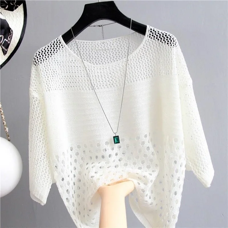 

Ice Silk Knitted Vest Top Blouse Spring and Summer Hollow Out Thin Bottoming Sling Streetwear Womens Clothing White Shirt 13686