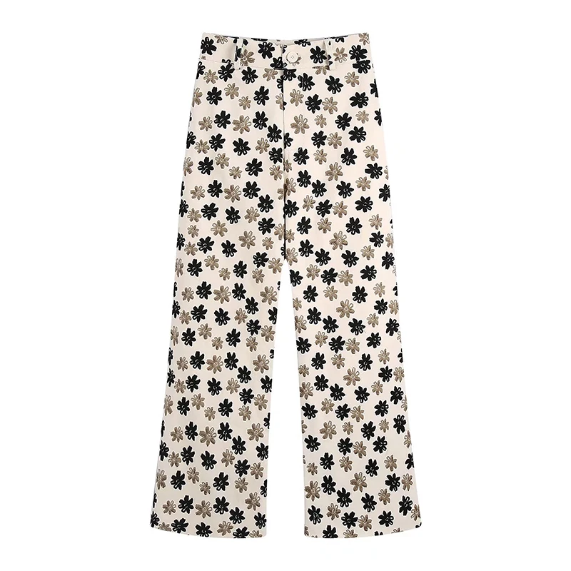

2022 Spring Summer Women Fashion Flower Print Trousers Vintage High Waist With Pocket Straight Trousers BB22467