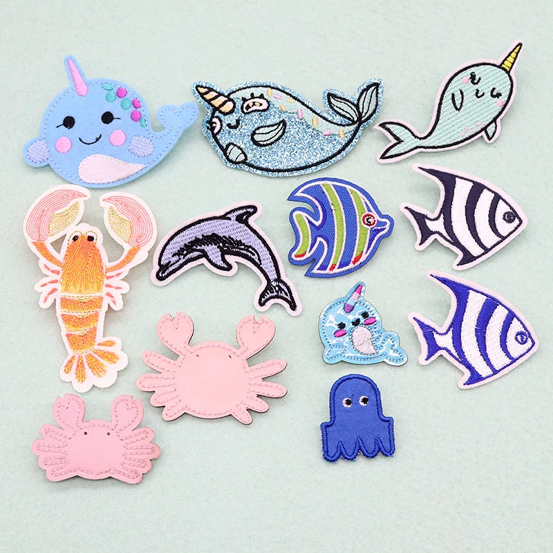 

50pcs/lot Luxury Embroidery Patch Dolphin Tropical Fish Crab Whale Jacket Clothing Decoration Accessories Diy Iron Applique