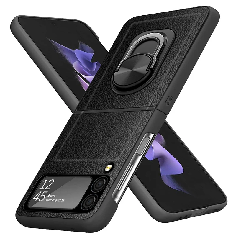 Z Flip 3 Funda Case for Samsung Galaxy Z Flip 3 Hinge Metel Ring Surpport Lychee Pattern Protetcion Phone Case Cover ZFlip3