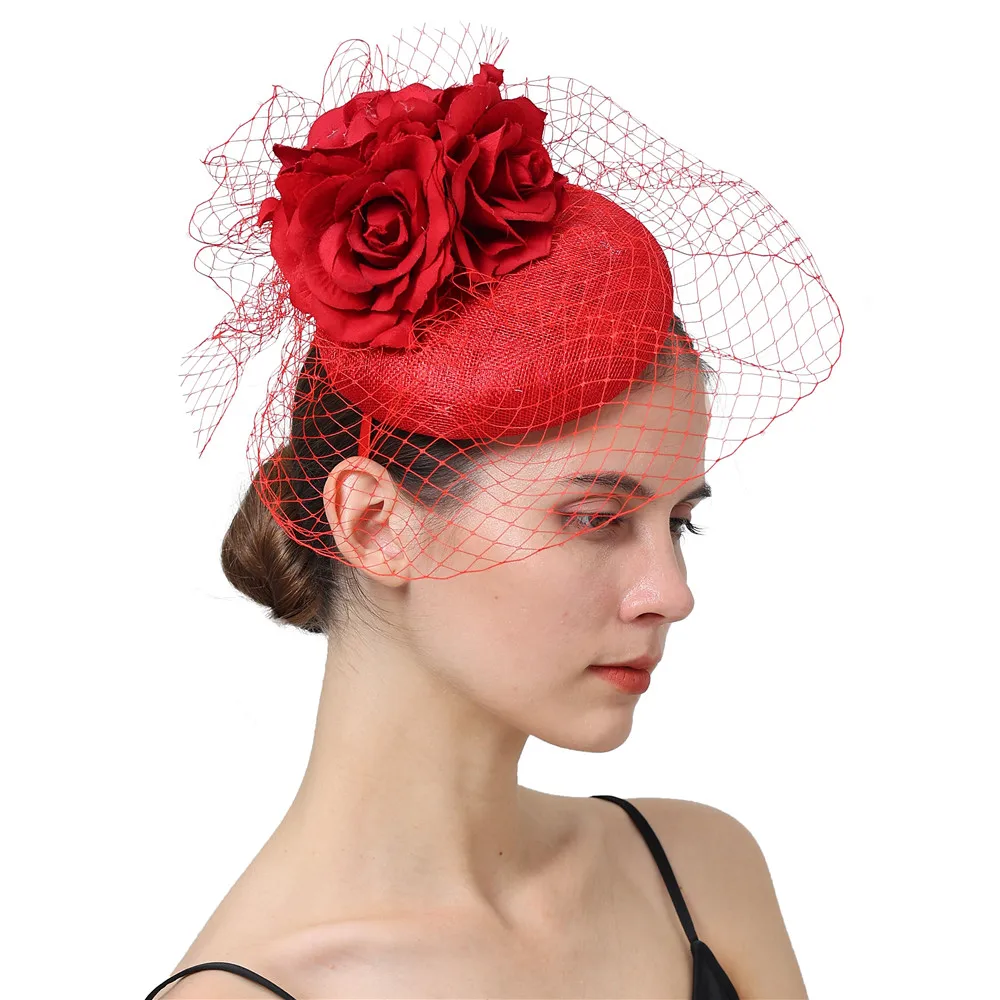 

Sinamay Red Fascinator Hat Veils Wedding Headpiece Women Bride Occasion Hair Accessories Ladies Party Dinner Fascinators