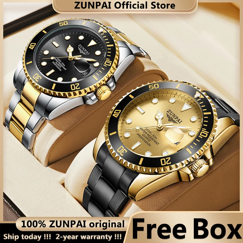 

100%Original ZUNPAI Watch for Men's Waterproof Sports Stainless Steel Diving Wristwatches Golden 2022New Fashion Luxury TOPBrand