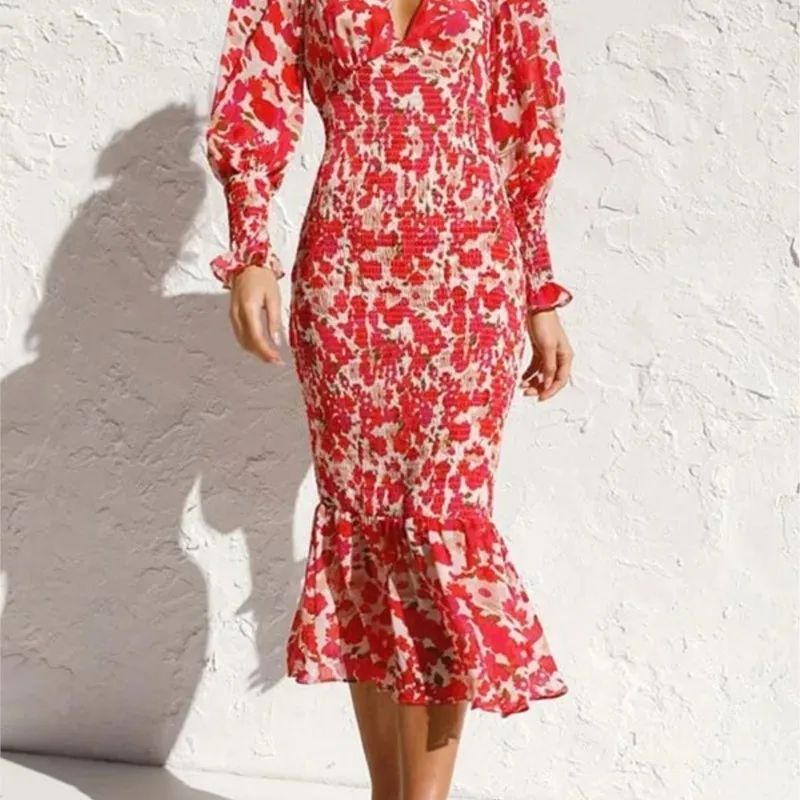 

Женское облегающее платье с принтом, привлекательное офисное платье миди с длинным рукавом и V-образным вырезом и оборками, весна-лето 2023