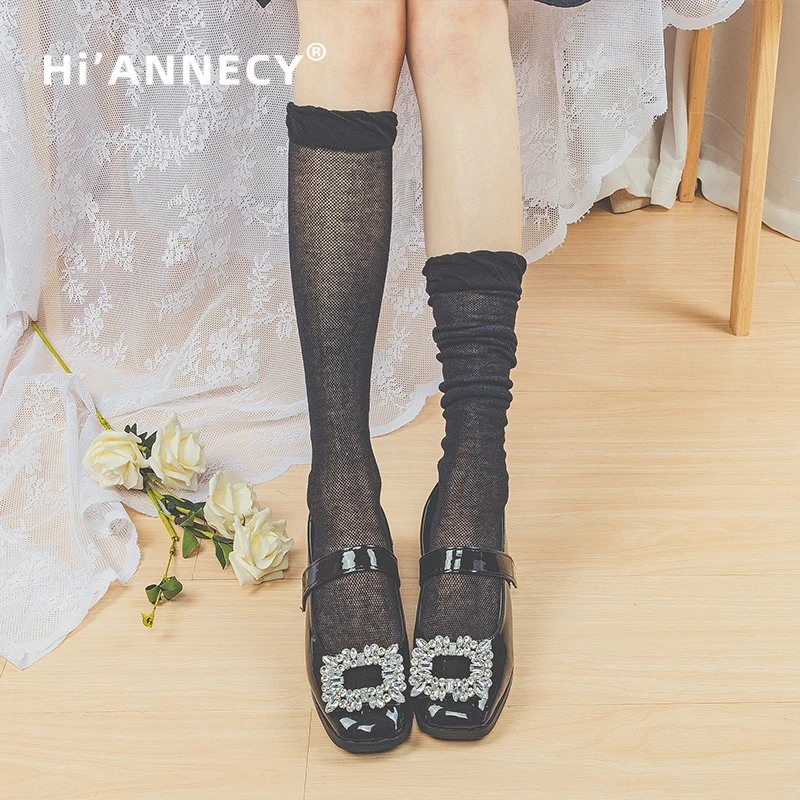 HIANNECY Original Lovely Lace Girl's Black Socks Summer Ultra-thin Silk White Socks JK Mesh stockings Lovely Lolita Student