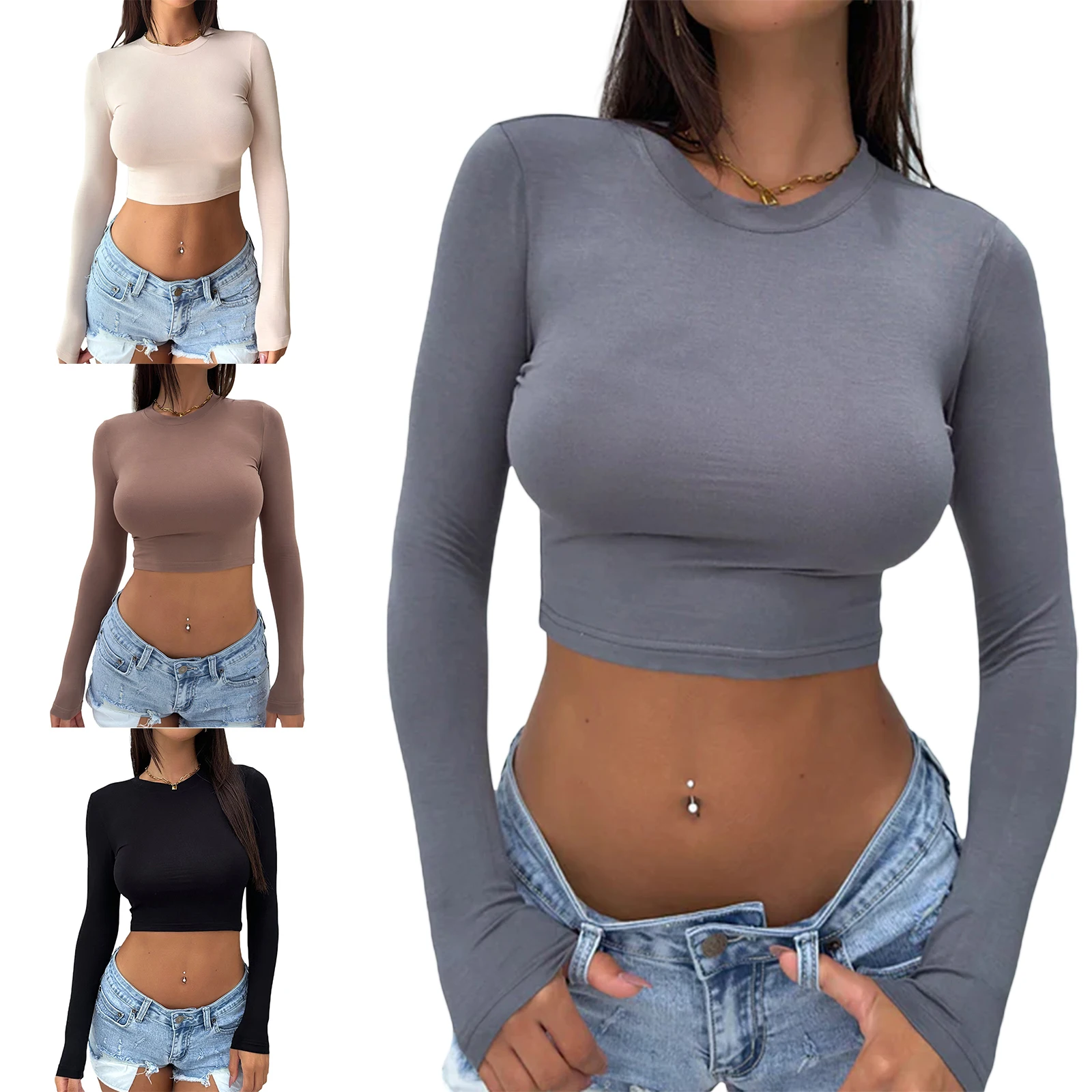 

Women's Sexy Crop Tops Summer Basic Solid Color O-neck Long sleeve T-shirt Female Vintage Streetwear