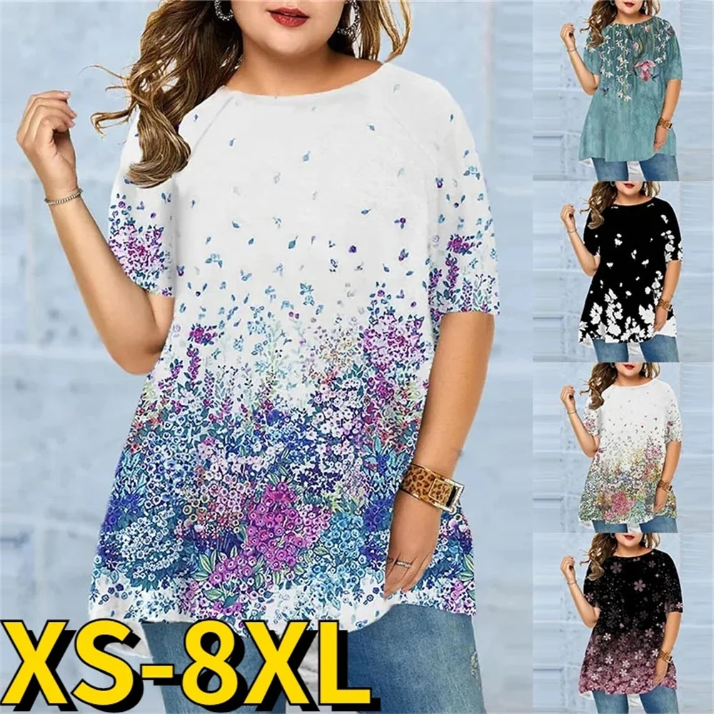 

Short Sleeve Women T-Shirts Summer Female Floral Print Tee Lady Casual Tops Large Size Round Collar T-Shirt Pullovers Tee Shirt