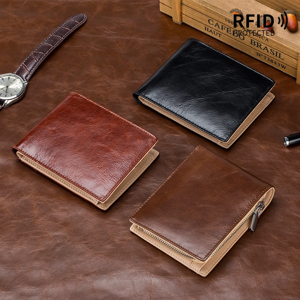Leather high-grade brief paragraph man purse high-capacity restoring ancient ways zipper more than zero wallet for RFID card bag