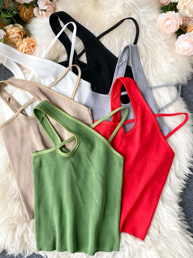 

Heliar Crop Tops Women 2022 Summer Women Y2K Halter Tops Women Off Shoulder Camis Chic Cross Straps Solid Knitted Sexy