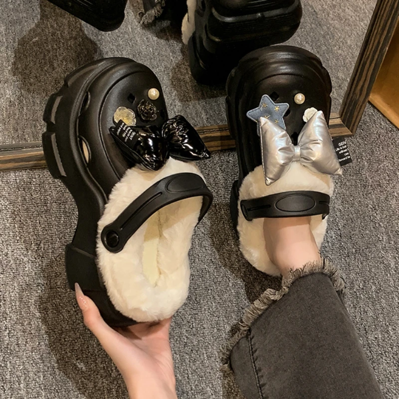 

Меховые теплые женские роскошные Тапочки с жемчугом и бантом на плоской подошве брендовая зимняя обувь 2023 Новинка хлопковые шлепанцы для прогулок и дома Bottine Femme