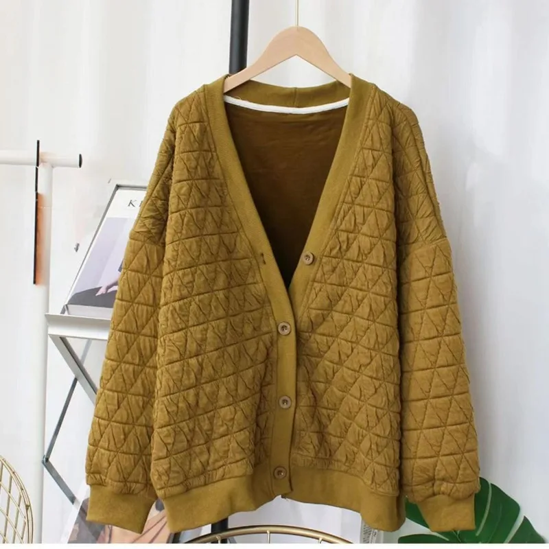 

Autumn and Winter Women's Cardigan Button Solid Screw ThreadGeometricplus size Fashion Casual Elegant Commuter Long Sleeve Tops
