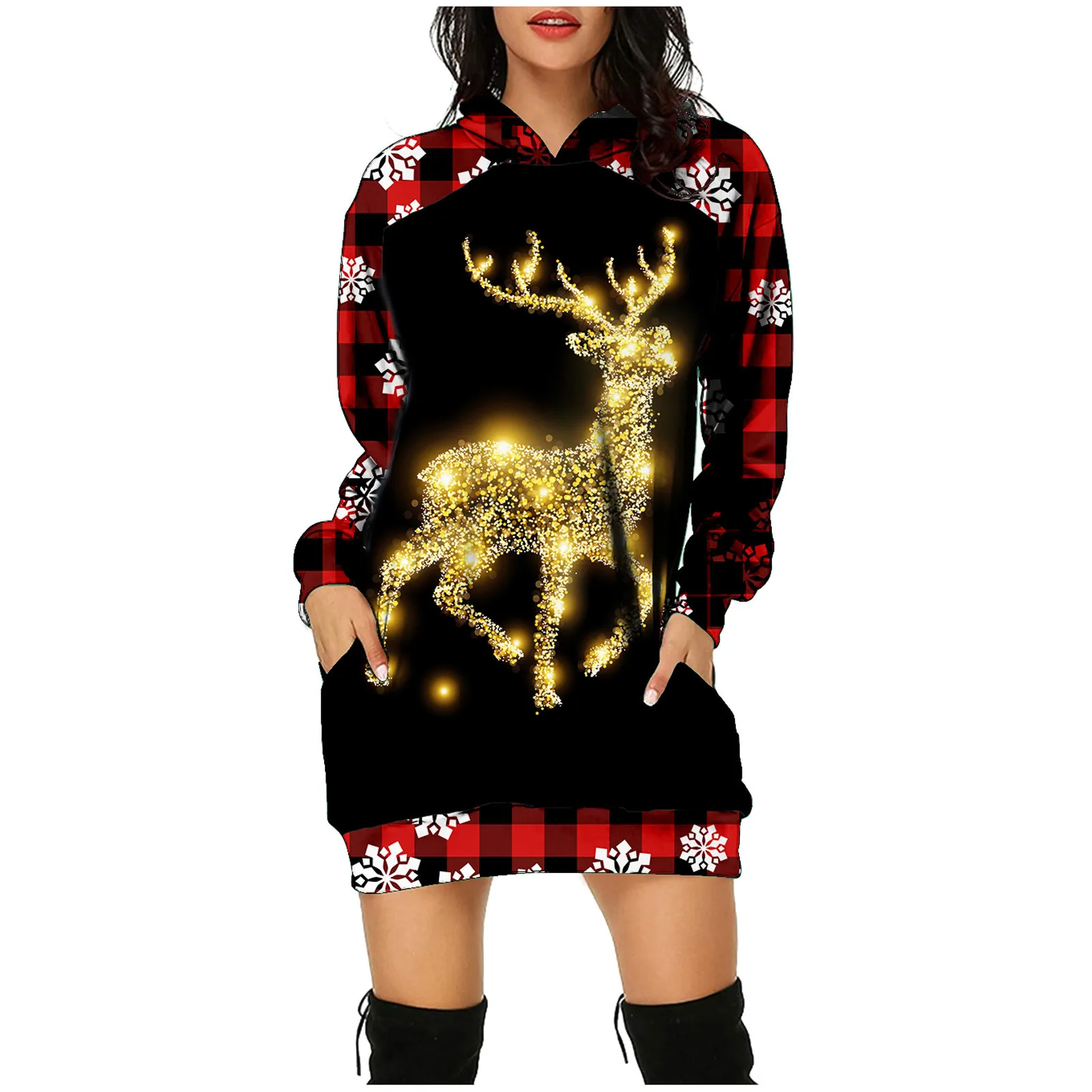 

Women's Fashion Christmas Hoodie Wrap Hip Long Sleeves Pockets Print Casual Loose Sweatshirts Dresses Postpartum Dress Women