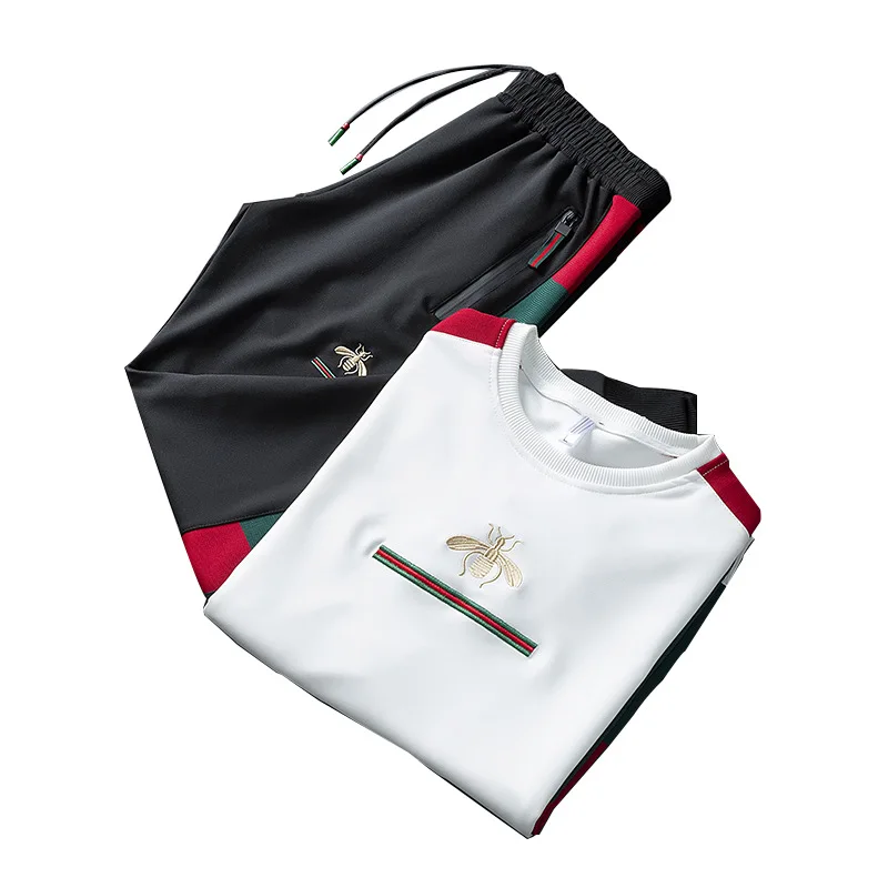 New Elastic Casual Men Sets Embroidered Long Sleeve Suit Fitness Sports Trousers Set Two Piece Tracksuit Men Streetwear Clothing