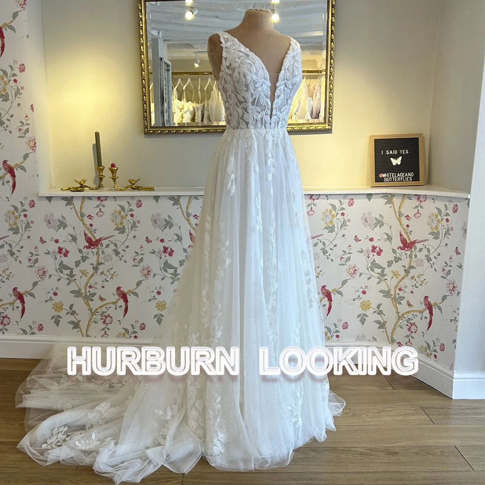 

HERBURN Fashion Wedding Dresses Sexy Deep V-Neck Leaves Backless New Arrival Charming Stylish Robe De Mariée Engagement Plus