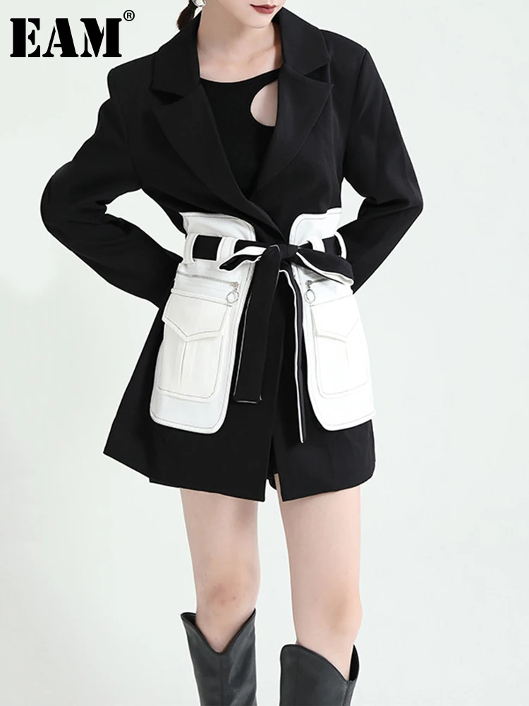 

[EAM] Women Black Color-block Belted Blazer New Lapel Long Sleeve Loose Fit Jacket Fashion Tide Spring Autumn 2022 1DE3942
