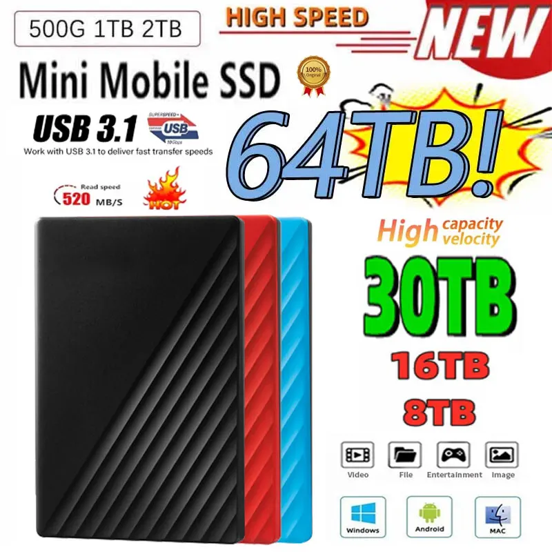 

Новинка 2023, портативный SSD 500 Гб, Φ 4 ТБ, 16 Тб, внешний Φ-C USB 3,0, высокоскоростной внешний накопитель, жесткие диски для ноутбуков