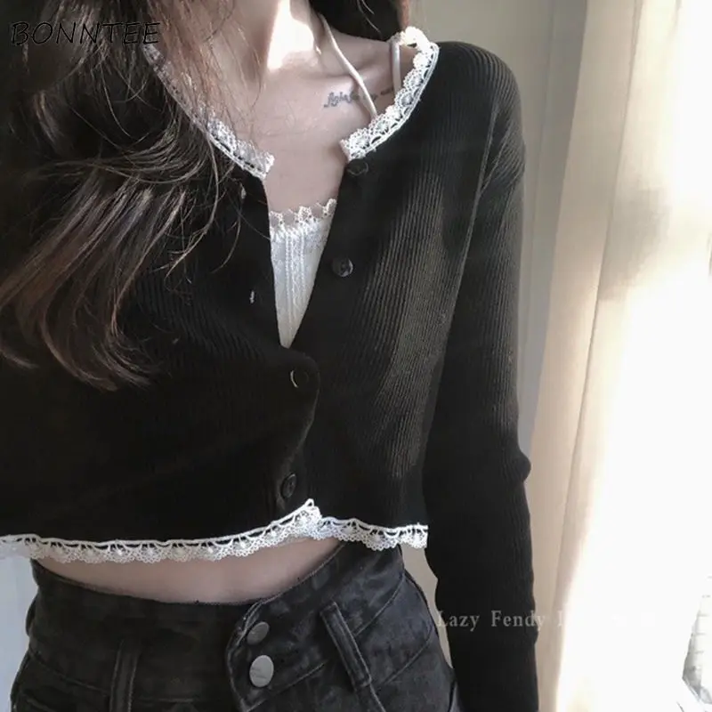 

T-shirts Women Thin Summer New Korean Students Black Knitting Lace Cropped Tees Aesthetic Tops Slim Elasticity Sexy Leisure Soft