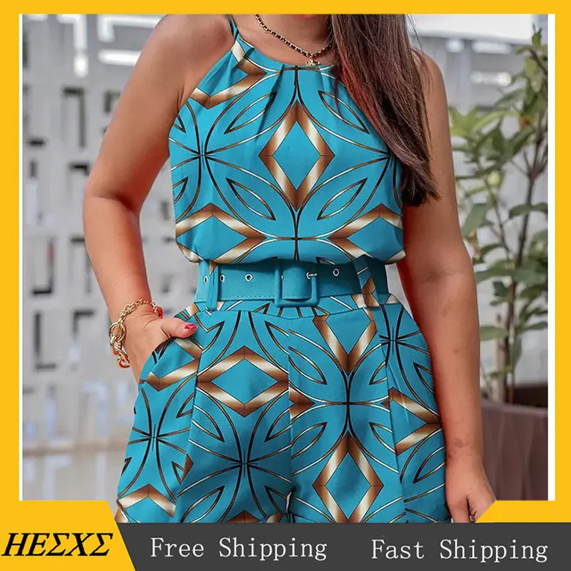 

Женская летняя модель 2023, новый модный сексуальный элегантный топ с вырезом и шорты с поясом, Женский повседневный уличный комплект из двух предметов с принтом