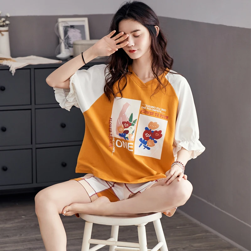 

Plus Size 2XL pyjamas female short pants + short sleeve Sleep Tops 2pcs/set pajamas sets cotton nightwear summer sleepwear