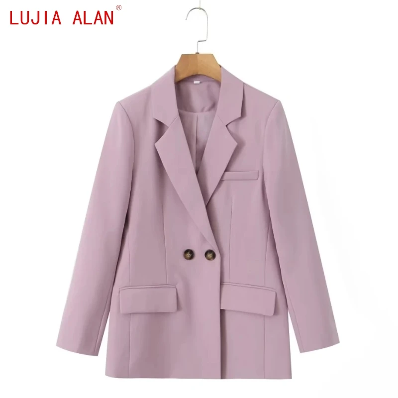 

Autumn New Women Double Breasted Casual Suit Coat Female Long Sleeve Flap Pockets Loose Tops Streetwear LUJIA ALAN C2030