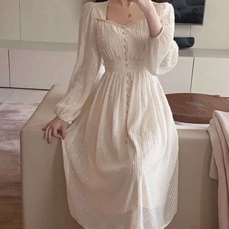 

2023 Summer New Women Fashion Elegant White Midi Dresses Vintage Princess Female Party A Line Clothes Vestdios