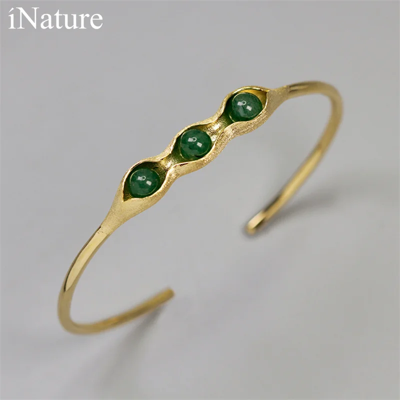 

INATURE 925 Sterling Silver Natural Aventurine Pea Pod Cuff Bracelets & Bangles For Women Fashion Jewelry